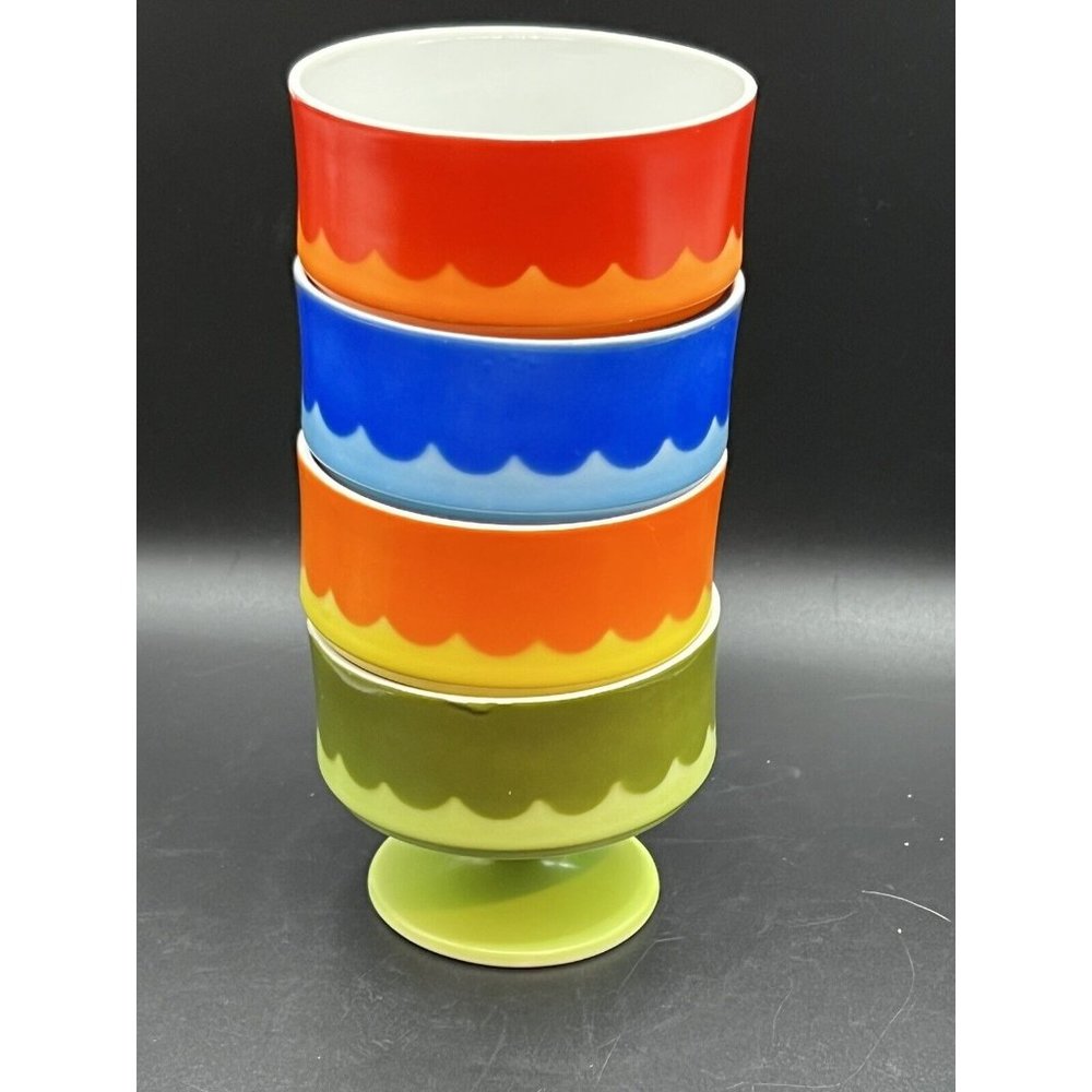 Vtg COOL 1960s Colorful SET Of 4 Pedestal Desert/ Ice Cream Dishes PERFECT 4”Dia